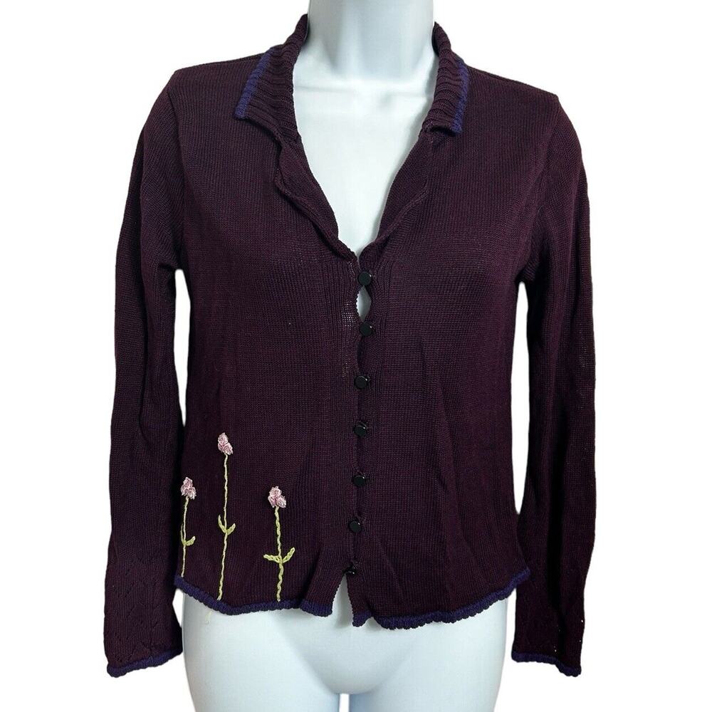 Cousin Johnny Embroidered Cardigan Sweater Sz Small Purple Applique Flowers65